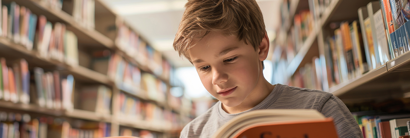 Ein Junge liest ein Buch in der Schulbibliothek